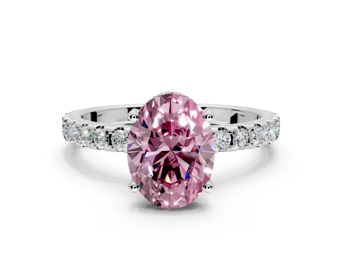Solitaire Engagement Ring Setting for Fancy Pink Oval Center with Band of Accents and Prong Head in Platinum