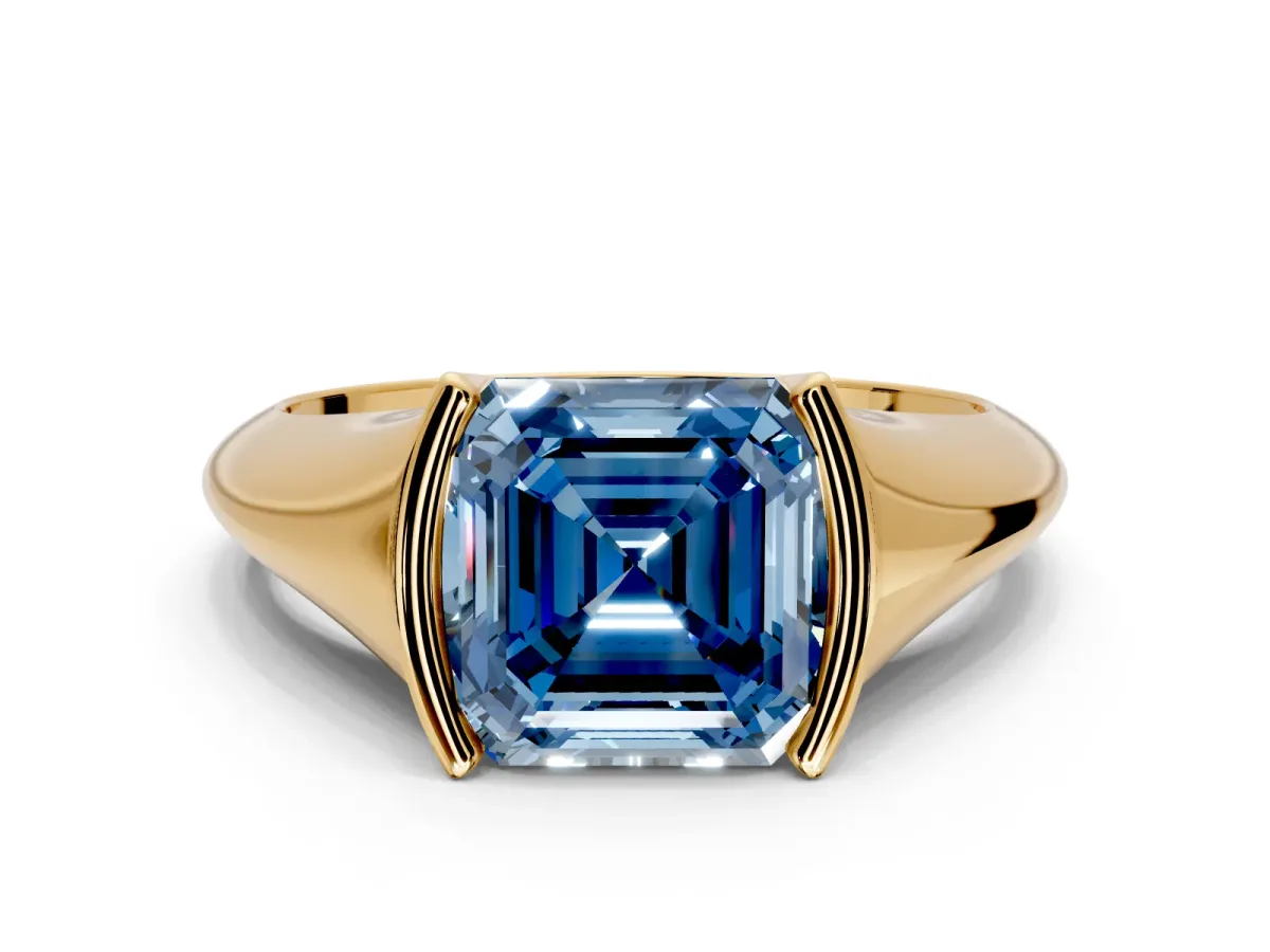 Tension Engagement Ring Setting for Fancy Blue Asscher Cut Center with Wide Tapered Band and Tension Head in Yellow Gold