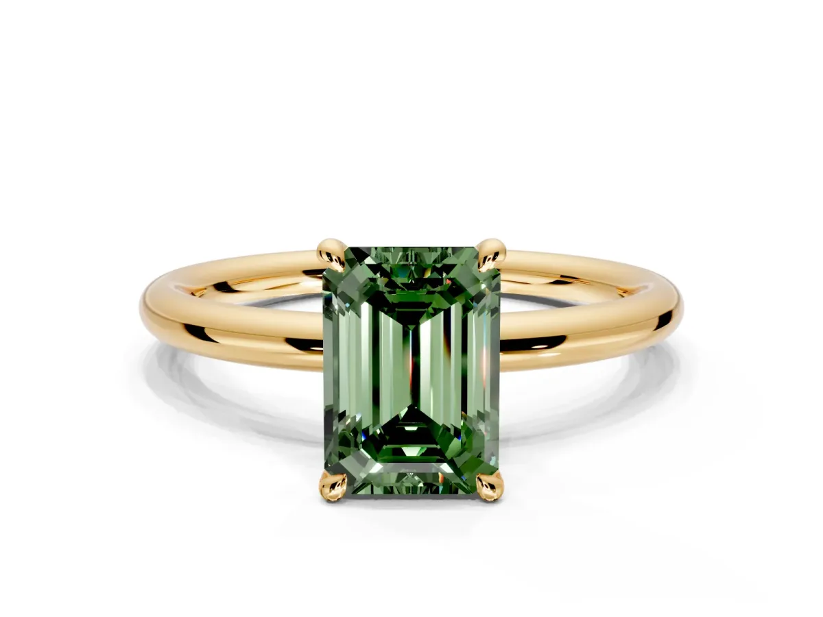 Hidden Halo Engagement Ring Setting for Fancy Green Emerald Cut Center with Thin Rounded Band and Prong Head in Yellow Gold