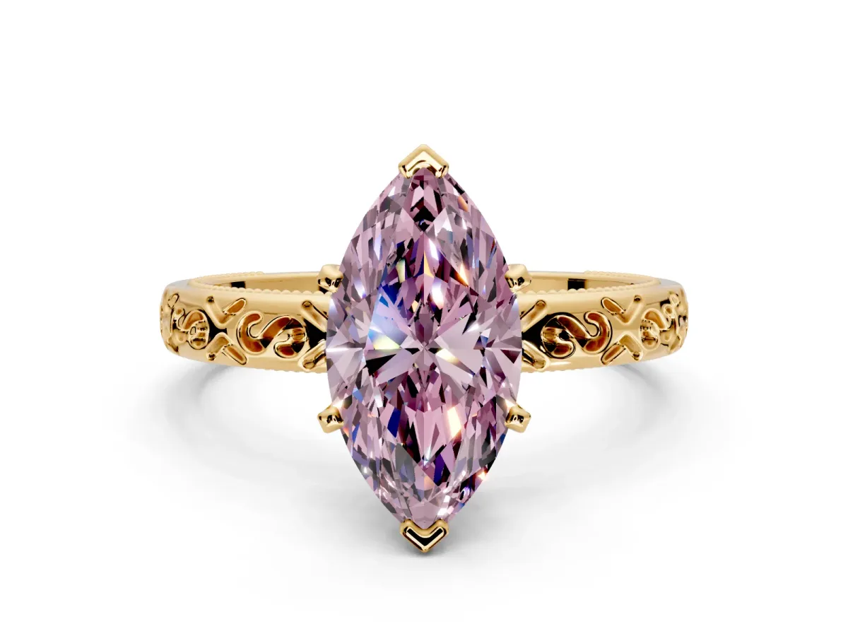 Solitaire Engagement Ring Setting for Fancy Pink Marquise Center with Scrollwork Band and Prong Head in Yellow Gold