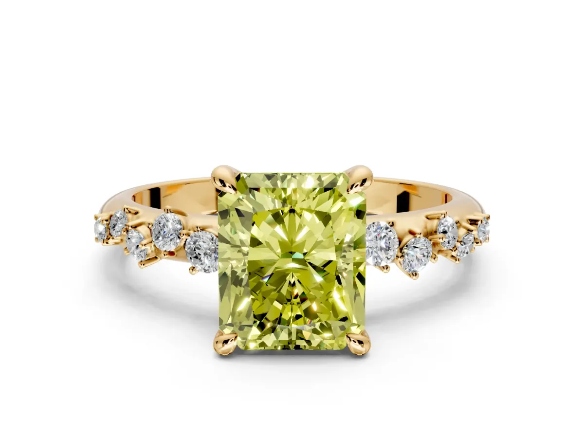 Solitaire Engagement Ring Setting for Fancy Yellow Radiant Cut Center with Trailing Leaf Accent Band and Prong Head in Yellow Gold