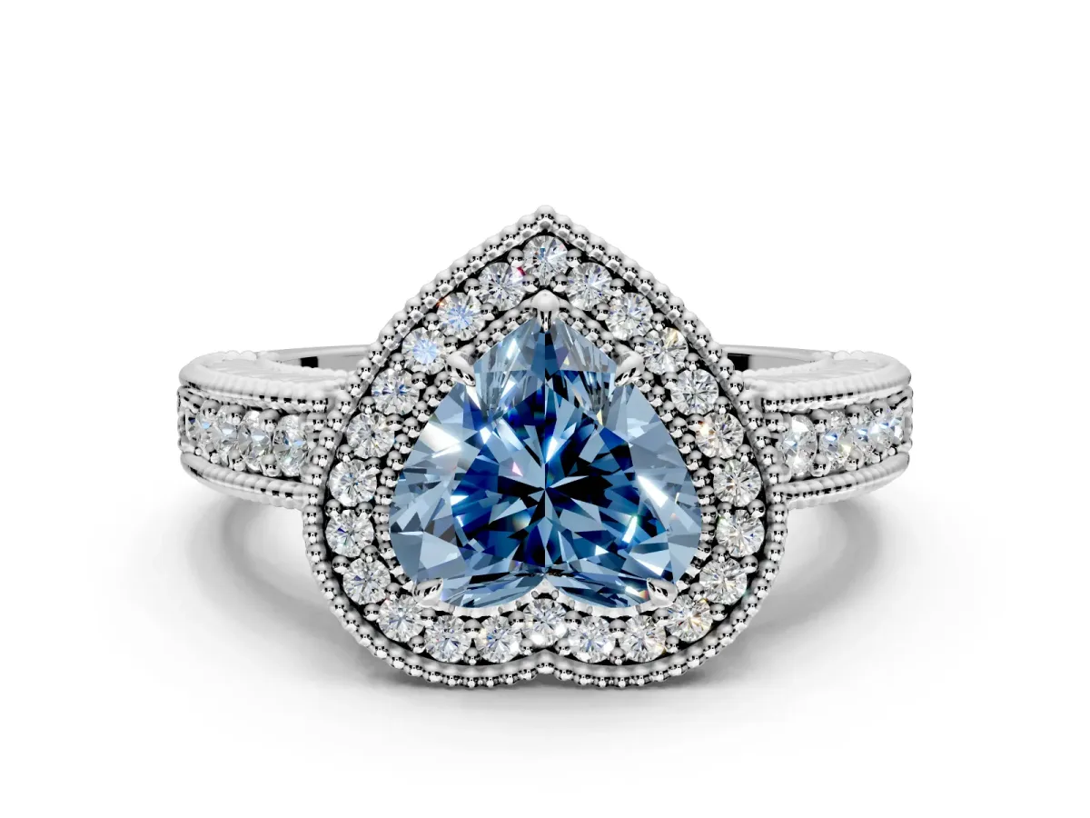 Milgrain Halo Engagement Ring Setting for Fancy Blue Heart-Shaped Center with Pave Band and Prong Head in Platinum