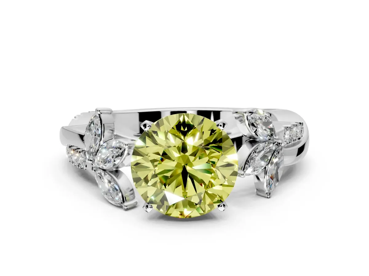 Floral Engagement Ring Setting for Fancy Yellow Round Cut Center with Trailing Marquise Accents and Prong Head in Sterling Silver