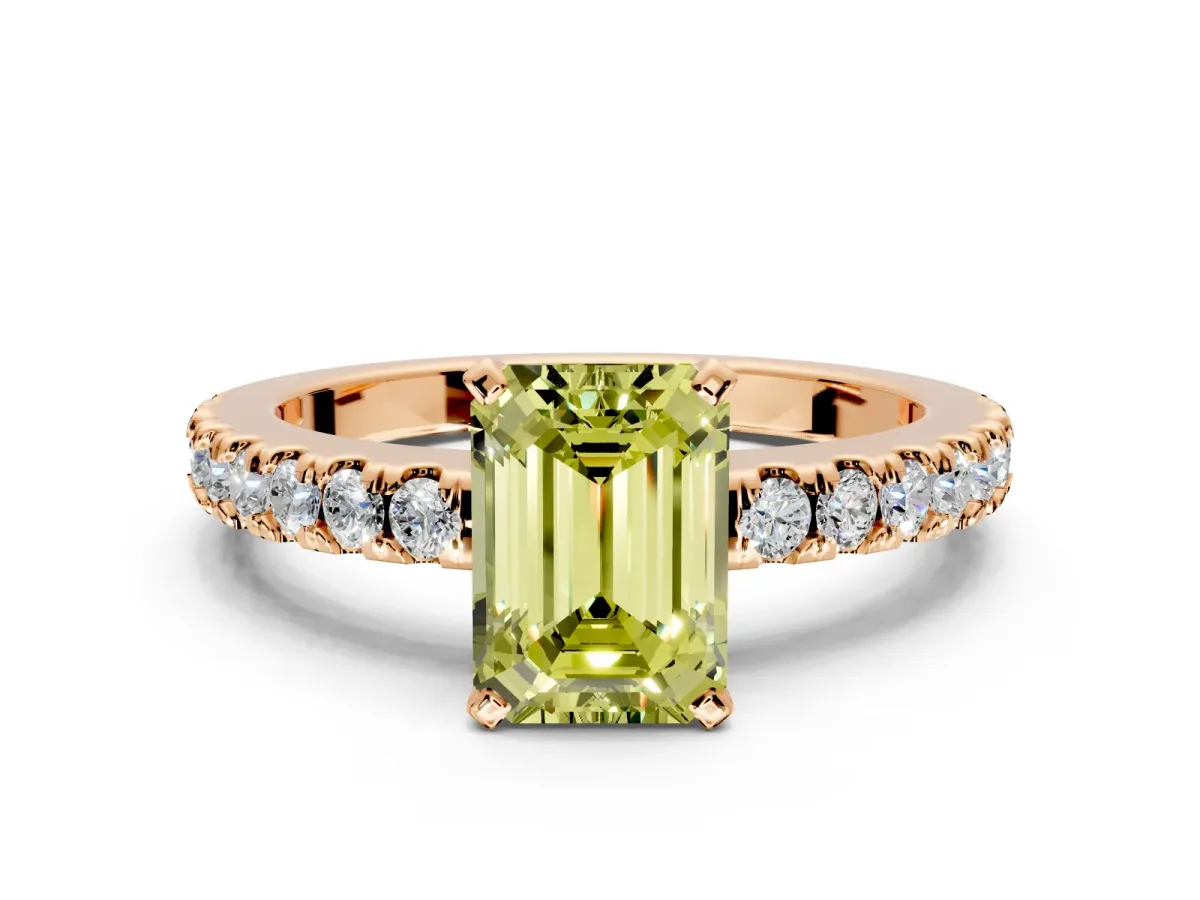 Solitaire Engagement Ring Setting for Fancy Yellow Emerald Cut Center with Single Row Accent Band and Prong Head in Rose Gold