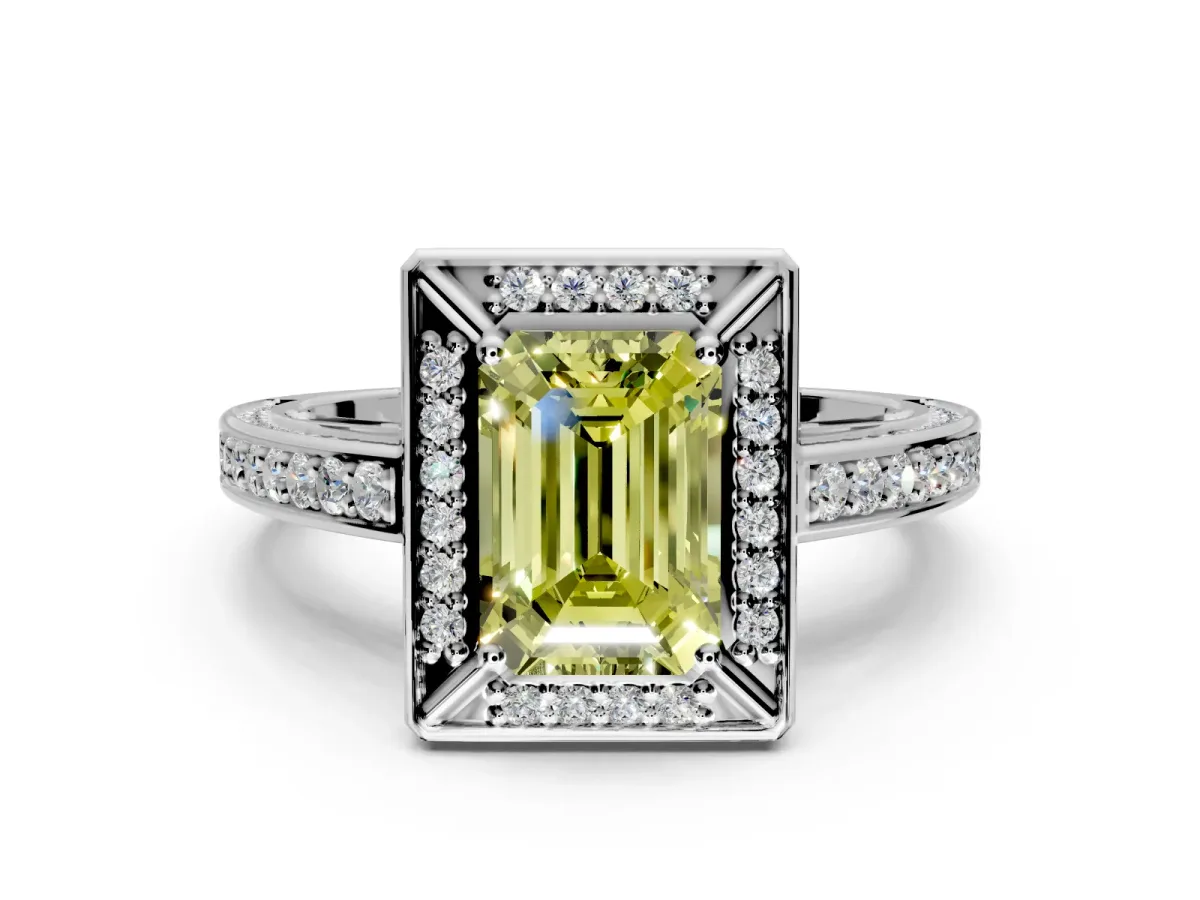 Halo Engagement Ring Setting for Fancy Yellow Emerald Cut Center with Framed Halo, Pave Band and Prong Head in Sterling Silver