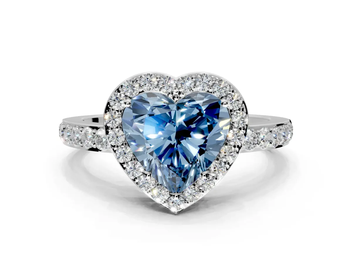 Halo Engagement Ring Setting for Fancy Blue Heart-Shaped Center with Heart-Shaped Openwork, Pave Band and Prong Head in Platinum