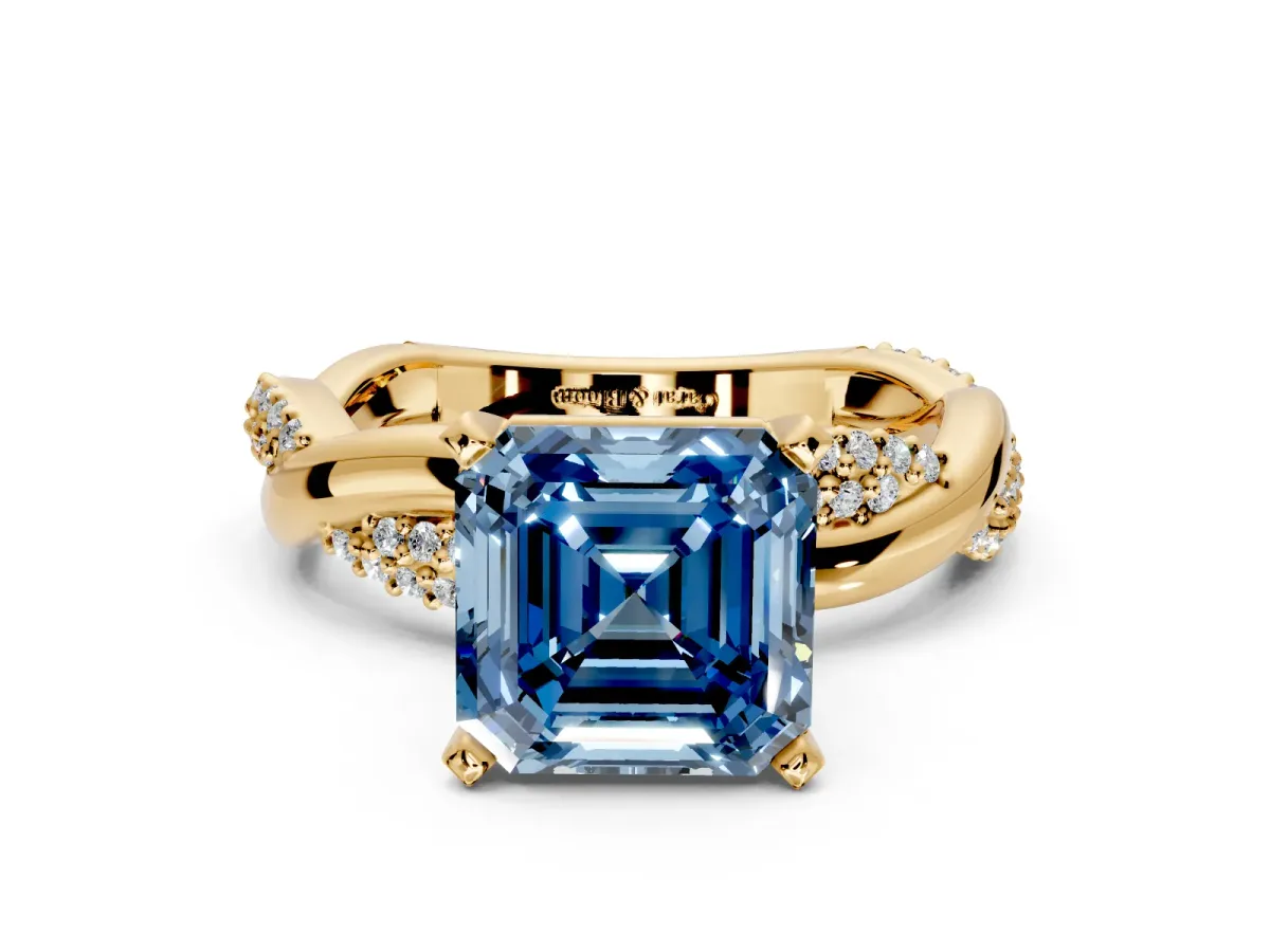 Solitaire Engagement Ring Setting for Fancy Blue Asscher Cut Center with Pave and Plain Crossover and Basket Head in Yellow Gold