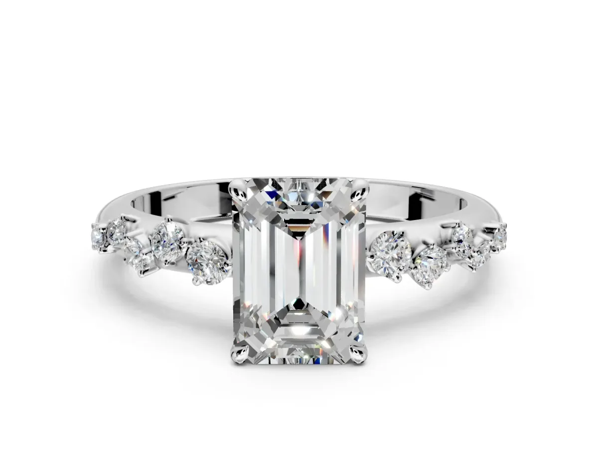 Cluster Engagement Ring Setting for Emerald Cut Center with Round Cut Accent Band and Prong Head in White Gold