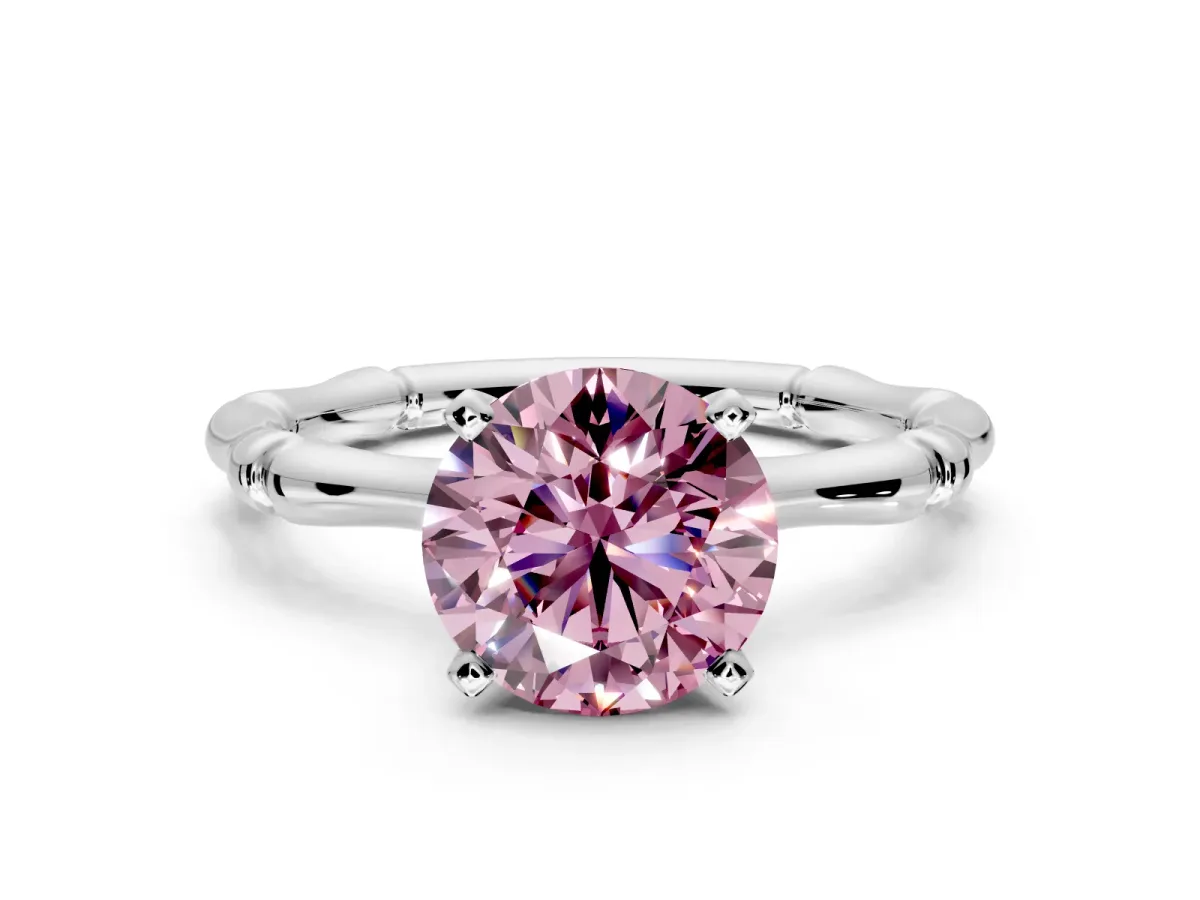 Solitaire Engagement Ring Setting for Fancy Pink Round Cut Center with Bamboo Band and Prong Head in Sterling Silver