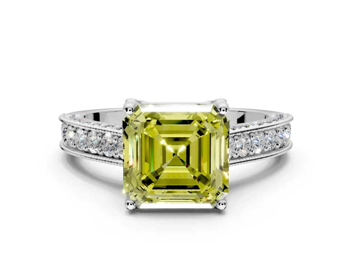 Solitaire Engagement Ring Setting for Fancy Yellow Asscher Cut Center with Milgrain-Framed Pave Band and Prong Head in Sterling Silver