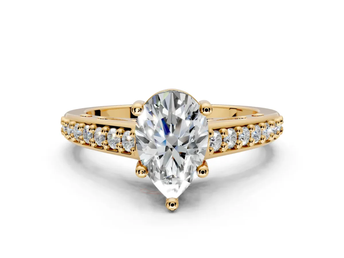Solitaire Engagement Ring Setting for Pear-Shaped Center with Pave Cathedral Band and Prong Head in Yellow Gold