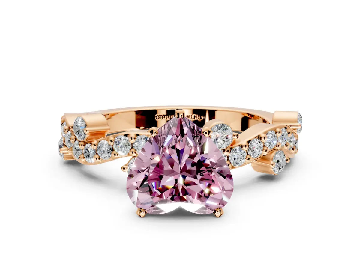 Solitaire Engagement Ring Setting for Fancy Pink Heart-Shaped Center with Bar-Station Pave Twist and Prong Head in Rose Gold