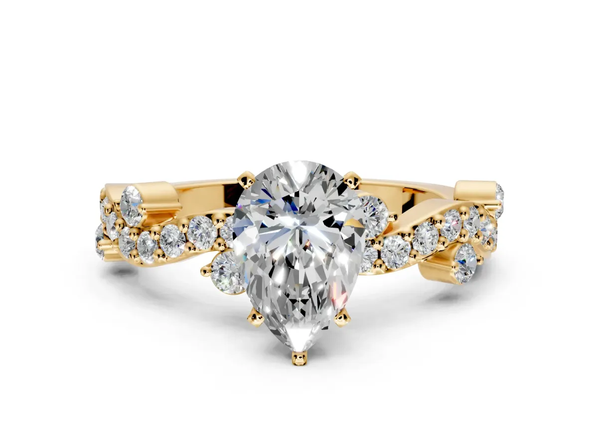 Solitaire Engagement Ring Setting for Pear-Shaped Center with Bar-Station Pave Twist and Prong Head in Yellow Gold
