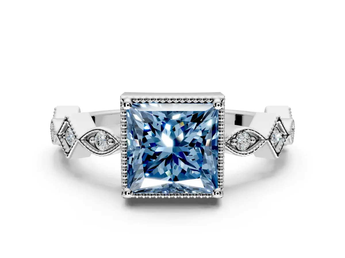 Milgrain Bezel Engagement Ring Setting for Fancy Blue Princess Cut Center with Marquise Stations and Bezel Head in Sterling Silver