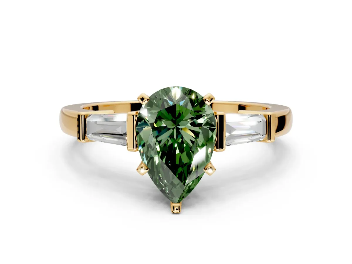 3 Stone Engagement Ring Setting for Fancy Green Pear-Shaped Center with Channel Baguette Accents and Prong Head in Yellow Gold