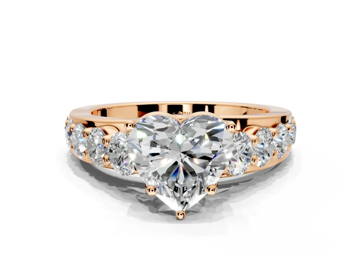 Solitaire Engagement Ring Setting for Heart-Shaped Center with Graduated Shared Prongs and Prong Head in Rose Gold