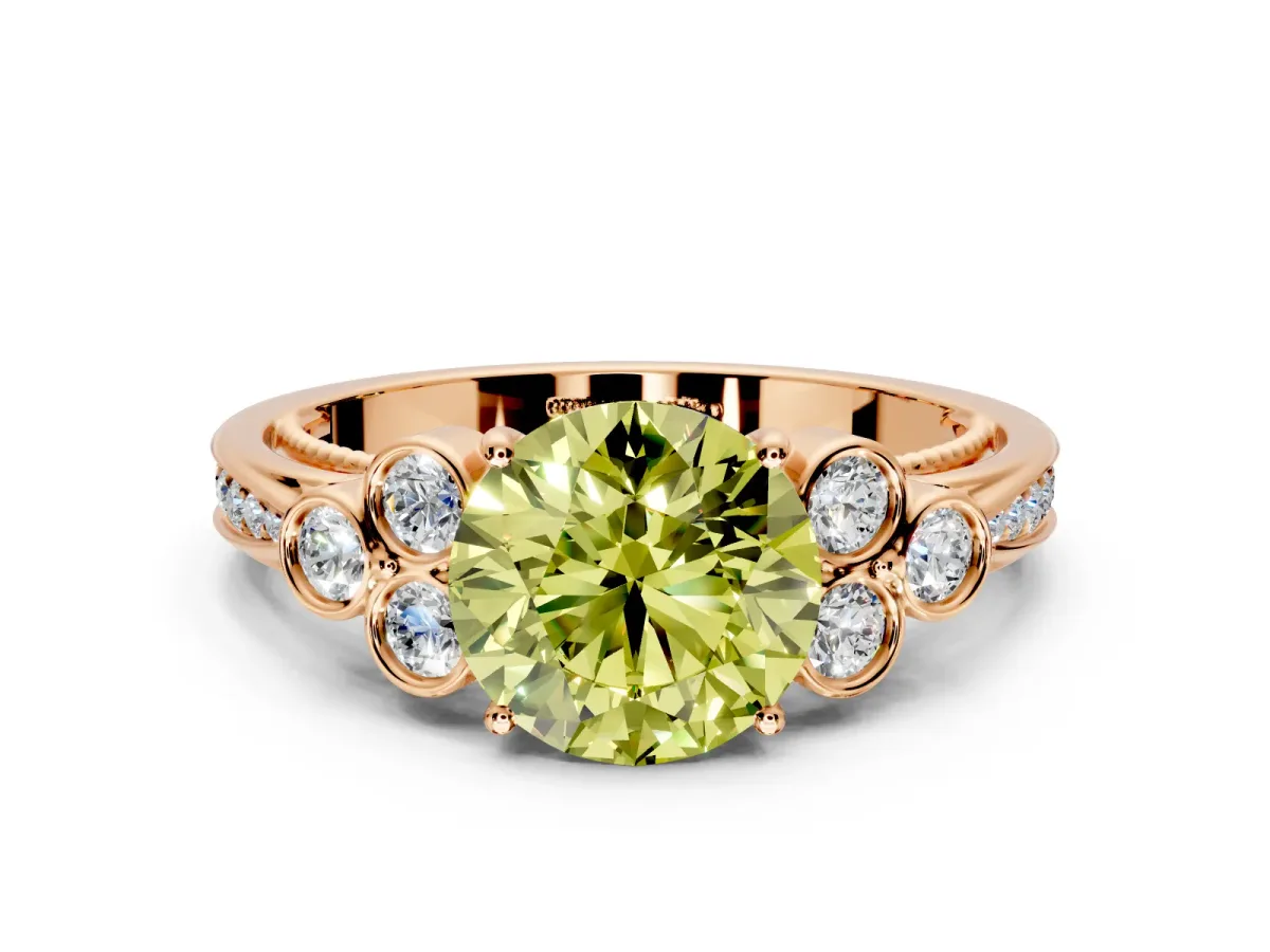 Cluster Engagement Ring Setting for Fancy Yellow Round Cut Center with Bezel Accent Clusters and Prong Head in Rose Gold