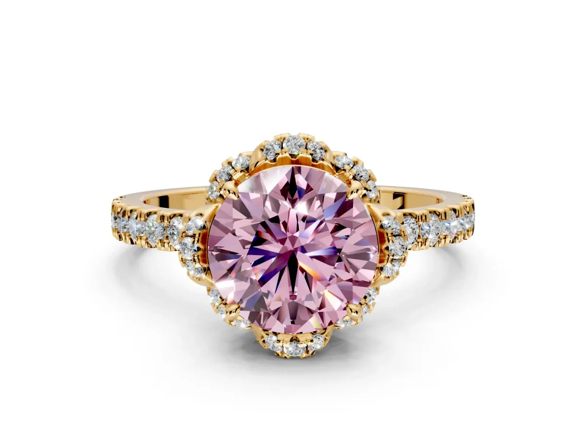 Halo Engagement Ring Setting for Fancy Pink Round Cut Center with Openwork Halo, Pave Band and Prong Head in Yellow Gold