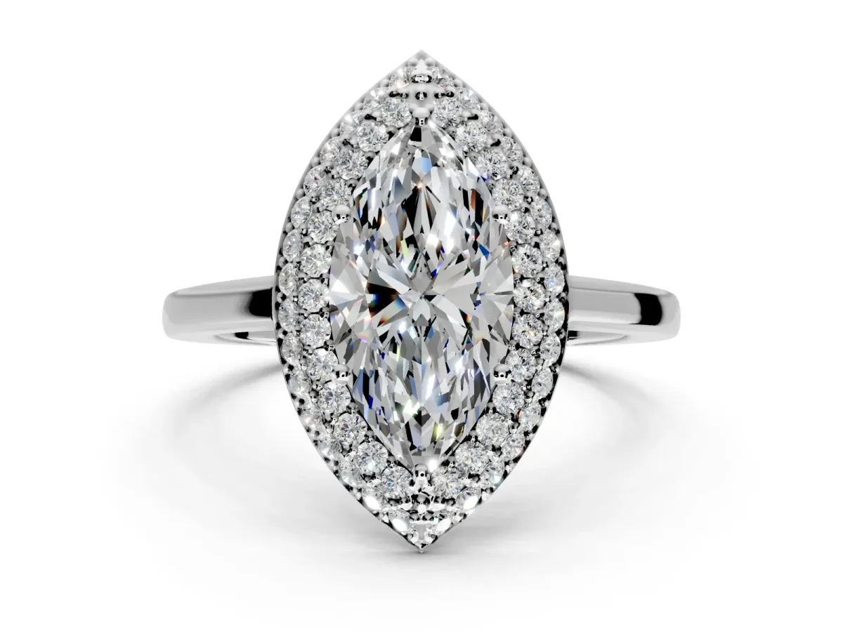 Halo Engagement Ring Setting for Marquise Center with Plain Tapered Band and Prong Head in White Gold