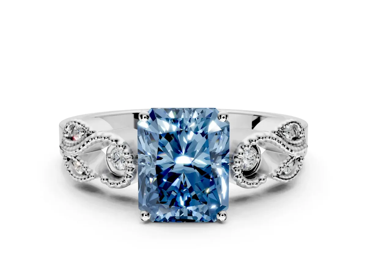 Leaf Engagement Ring Setting for Fancy Blue Princess Cut Center with Milgrain Accent Band and Prong Head in White Gold