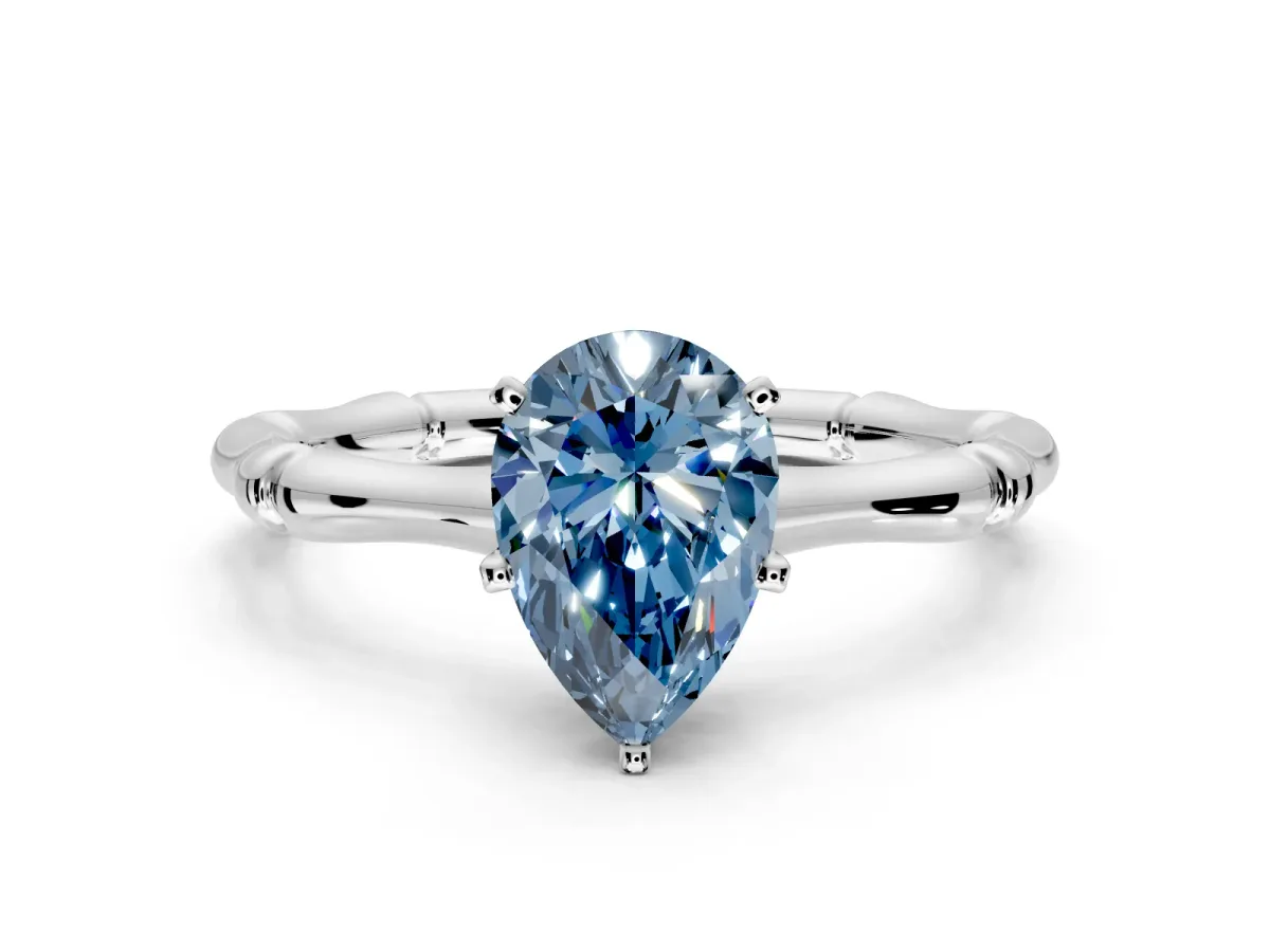 Solitaire Engagement Ring Setting for Fancy Blue Pear-Shaped Center with Bamboo Band and Prong Head in Sterling Silver