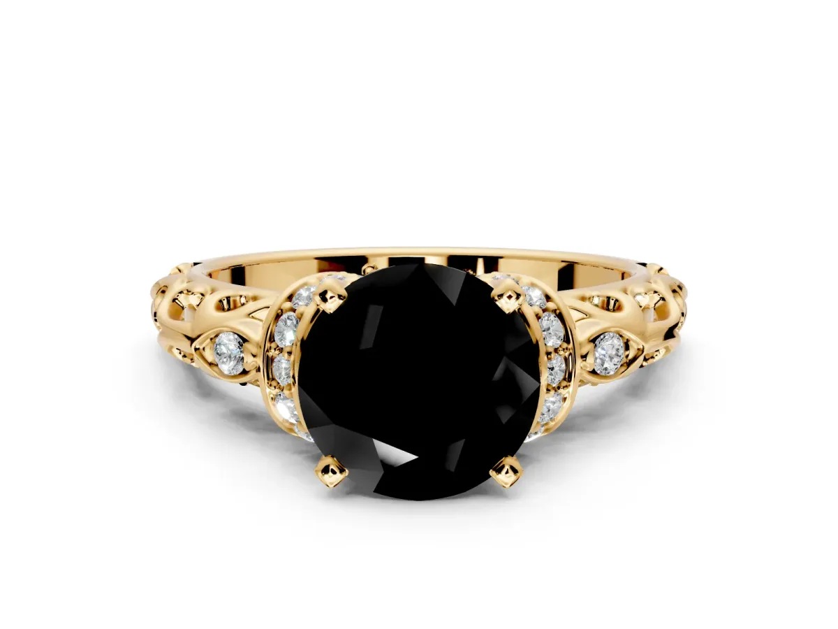 Solitaire Engagement Ring Setting for Fancy Black Round Cut Center with Filigree Band and Prong Head in Yellow Gold