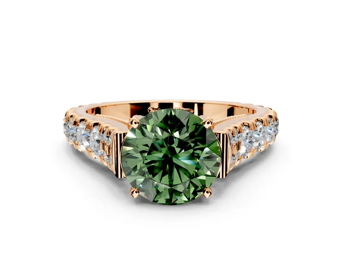 Solitaire Engagement Ring Setting for Fancy Green Round Cut Center with Pave Cathedral Shoulders and Prong Head in Rose Gold