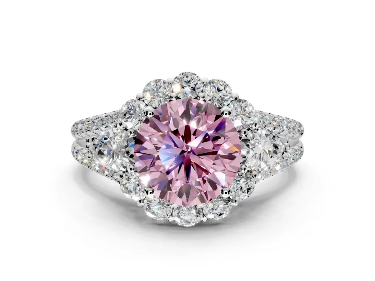 Halo Engagement Ring Setting for Fancy Pink Round Cut Center with Two-Strand Split Shank and Prong Head in Sterling Silver