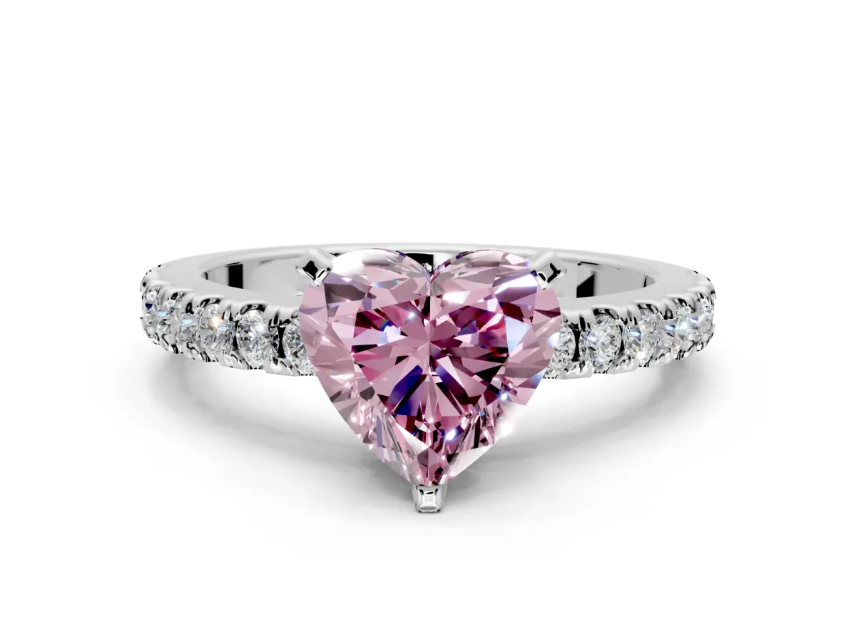 Solitaire Engagement Ring Setting for Fancy Pink Heart-Shaped Center with Single Row Accent Band and Prong Head in Sterling Silver
