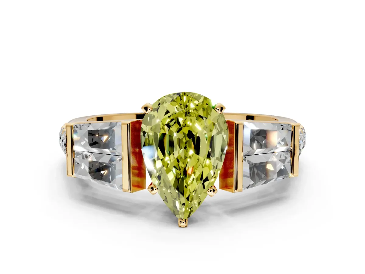 Channel-Set Engagement Ring Setting for Fancy Yellow Pear-Shaped Center with Baguette Band and Prong Head in Yellow Gold