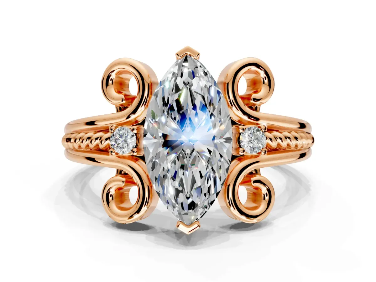 Solitaire Engagement Ring Setting for Marquise Center with Twisted Band and Scroll Prong Head in Rose Gold