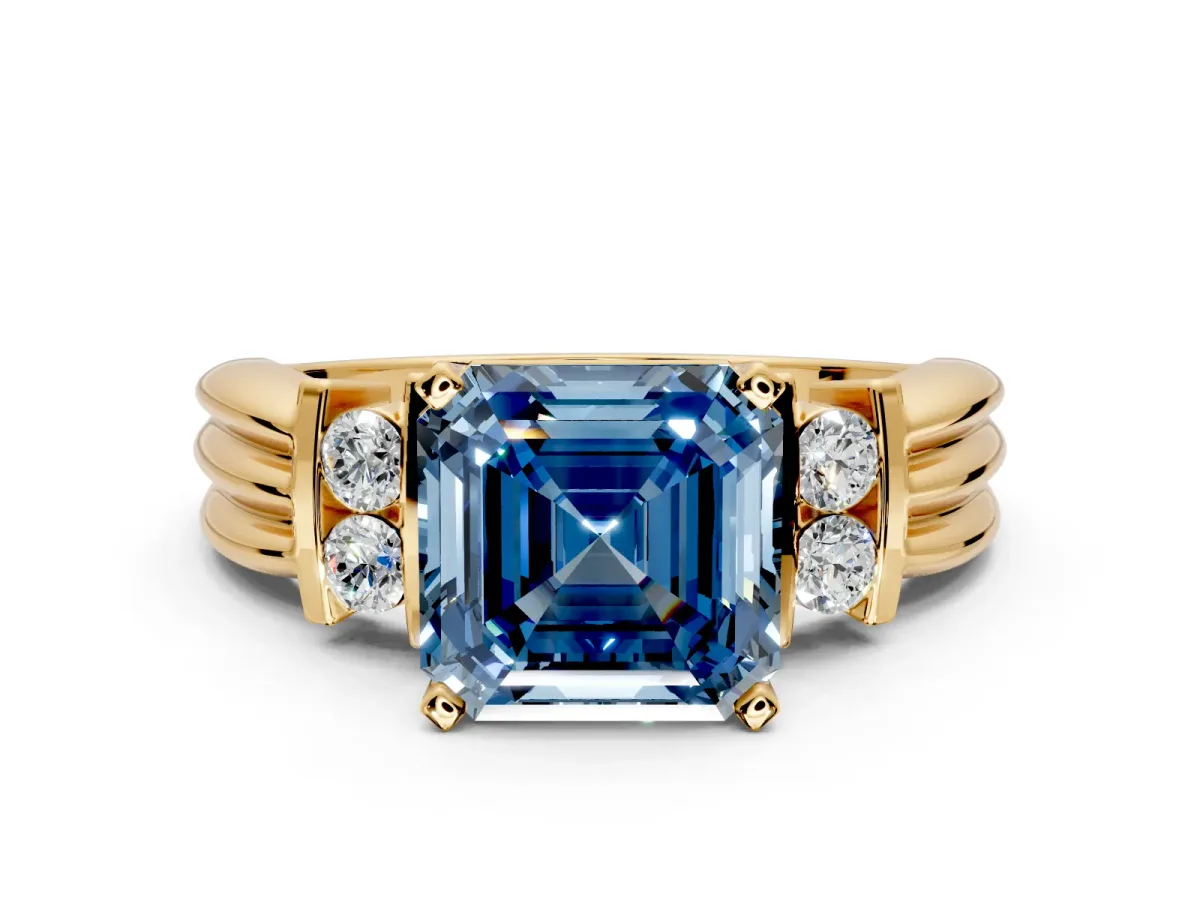 Solitaire Engagement Ring Setting for Fancy Blue Asscher Cut Center with Grooved Bar Accent Band and Prong Head in Yellow Gold