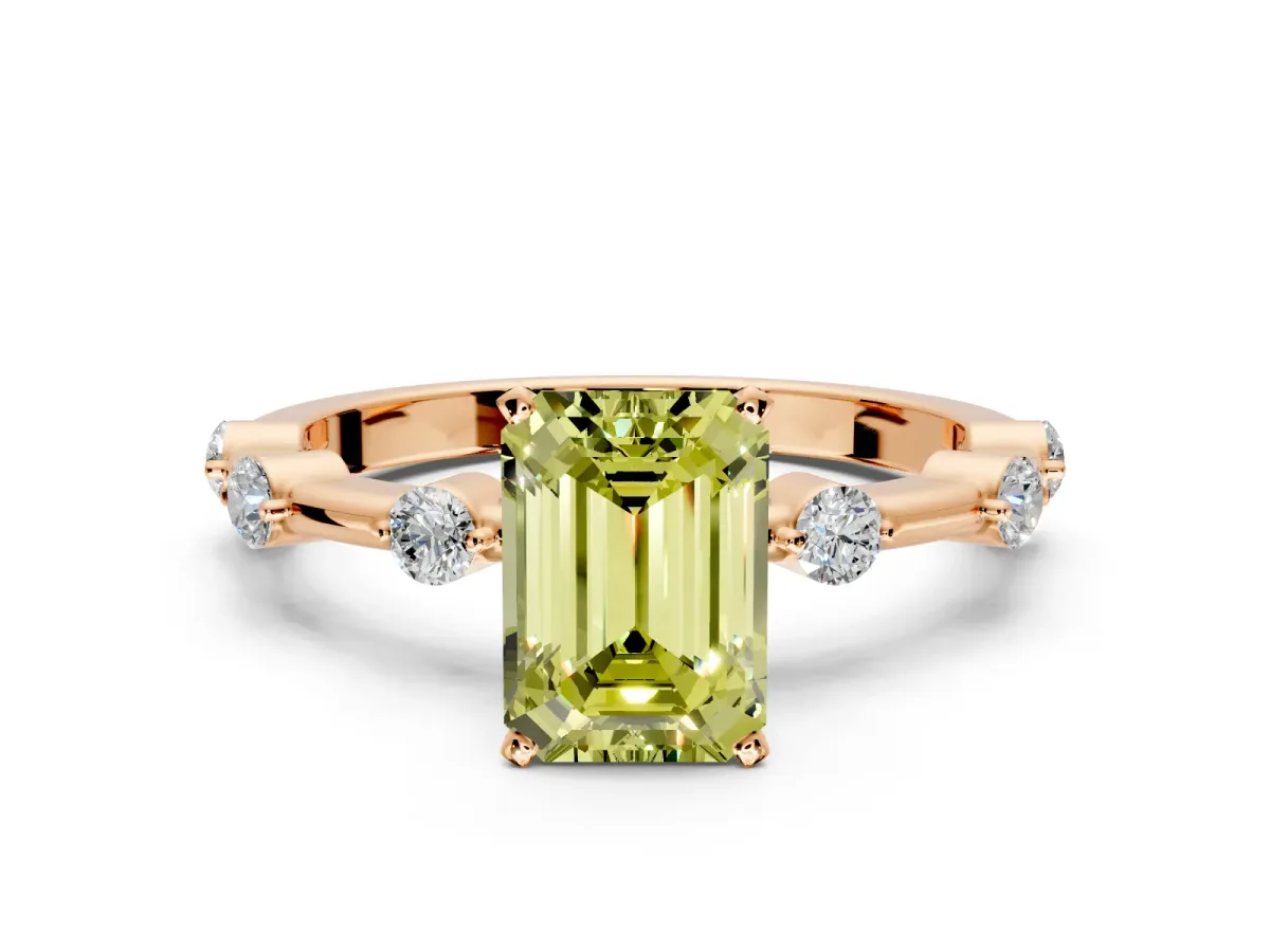 Solitaire Engagement Ring Setting for Fancy Yellow Emerald Cut Center with Bezel Station Band and Prong Head in Rose Gold