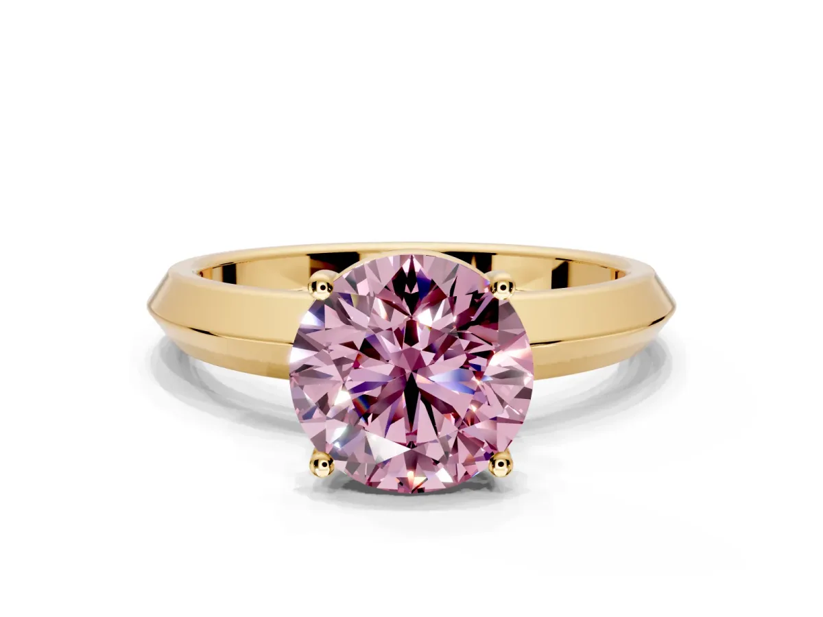 Solitaire Engagement Ring Setting for Fancy Pink Round Cut Center with Wide Knife Ridge Band and Prong Head in Yellow Gold