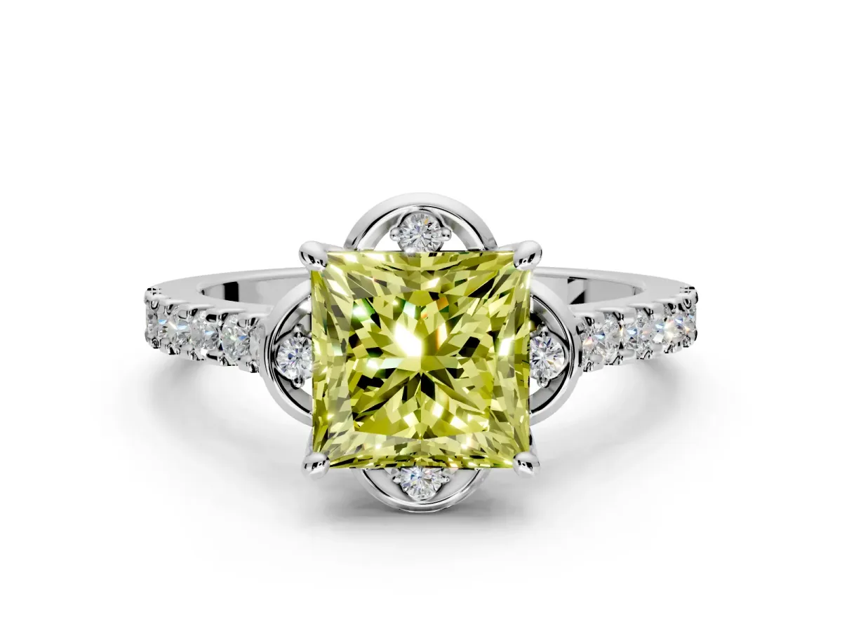 Floral Engagement Ring Setting for Fancy Yellow Princess Cut Center with Pave Band and Floral Prong Head in Platinum