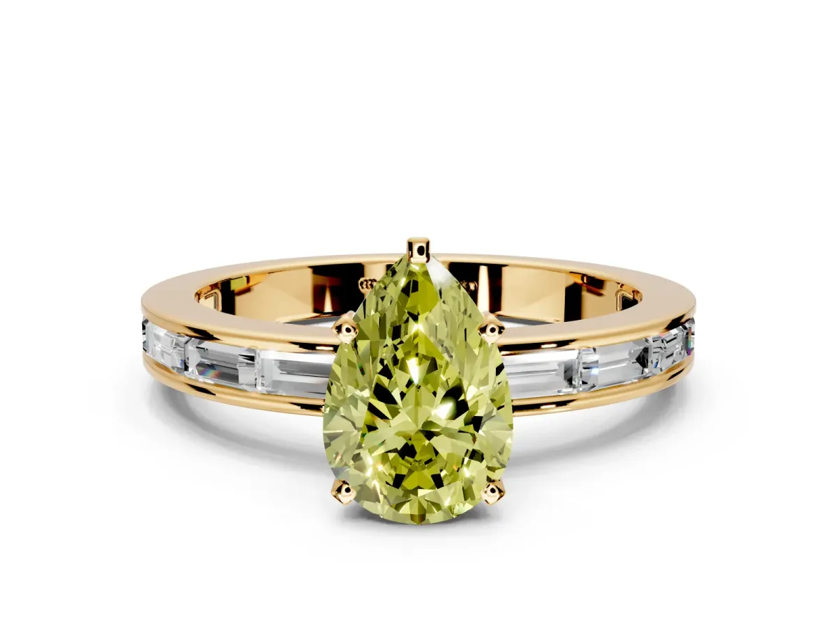 Solitaire Engagement Ring Setting for Fancy Yellow Pear-Shaped Center with Channel Baguette Band and Prong Head in Yellow Gold