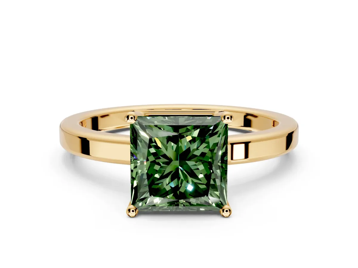 Hidden Halo Engagement Ring Setting for Fancy Green Princess Cut Center with Wide Flat Plain Band and Prong Head in Yellow Gold