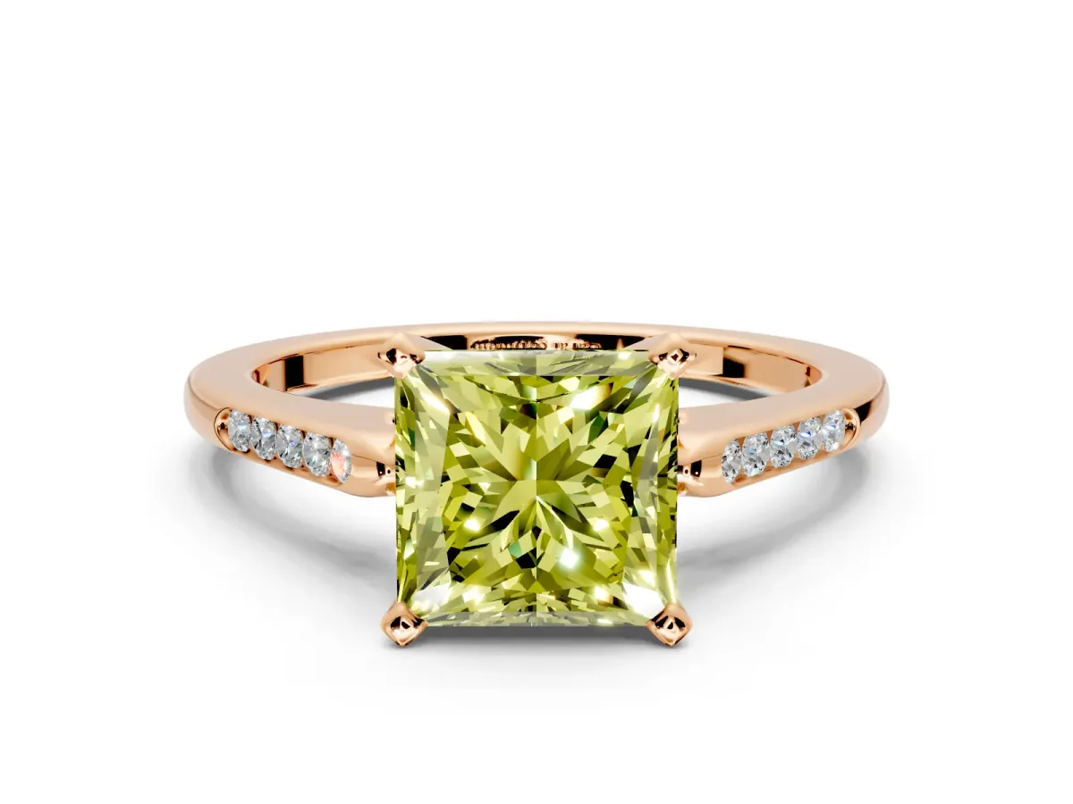 Solitaire Engagement Ring Setting for Fancy Yellow Princess Cut Center with Channel Accents and Prong Head in Rose Gold
