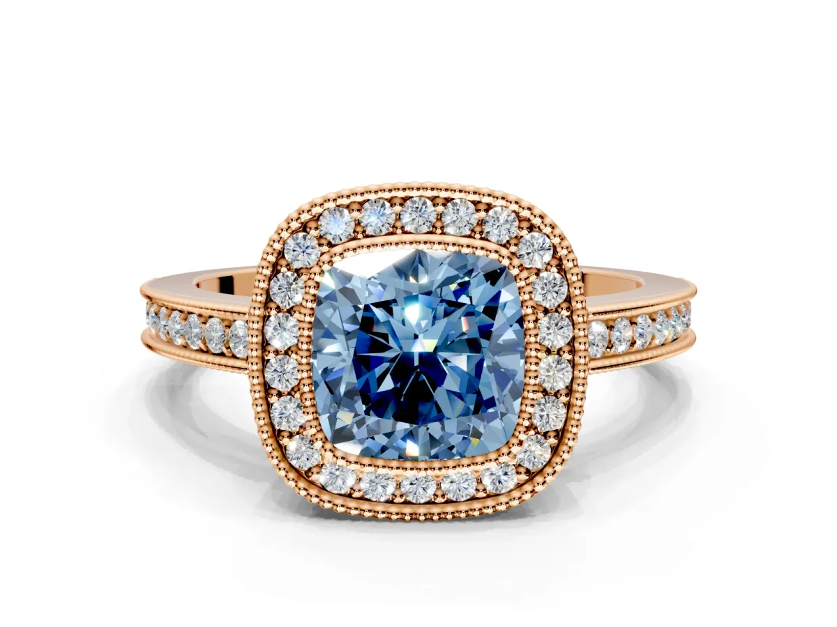 Halo Engagement Ring Setting for Fancy Blue Cushion Cut Center with Milgrain Halo, Pave Band and Prong Head in Rose Gold