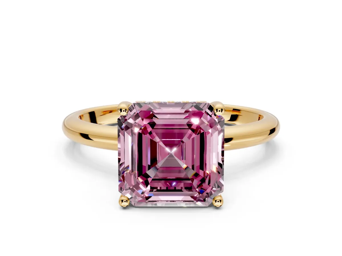Hidden Halo Engagement Ring Setting for Fancy Pink Asscher Cut Center with Thin Round-Wire Band and Prong Head in Yellow Gold