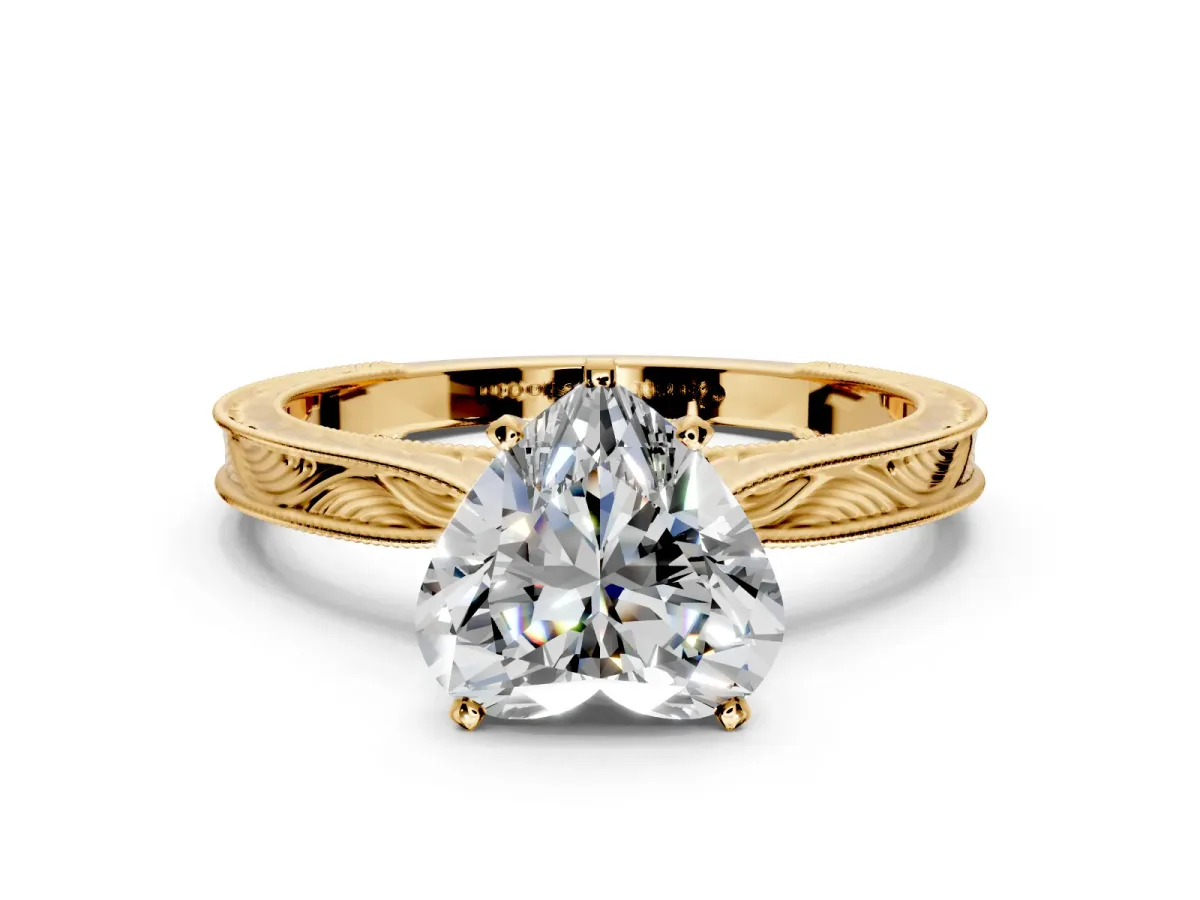 Solitaire Engagement Ring Setting for Heart-Shaped Center with Engraved Milgrain Band and Prong Head in Yellow Gold