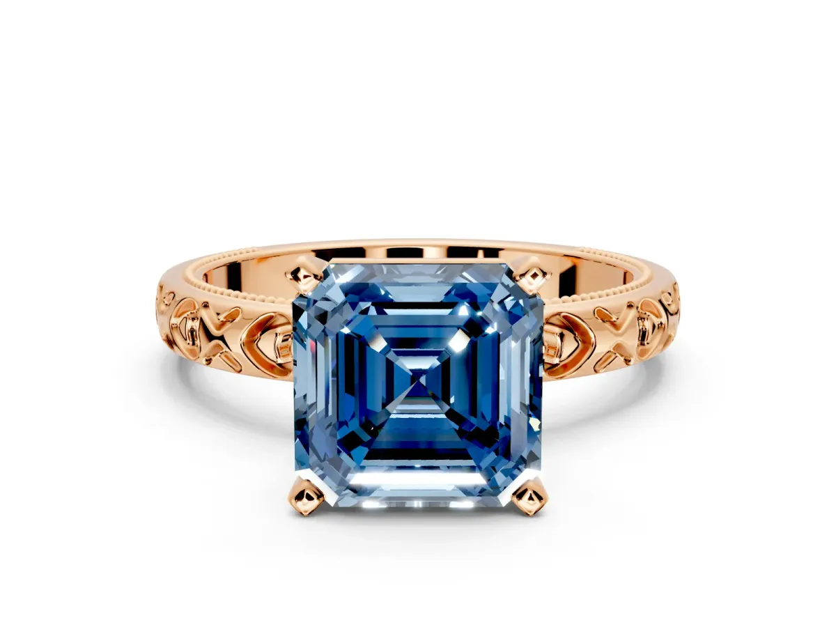 Solitaire Engagement Ring Setting for Fancy Blue Asscher Cut Center with XO Engraved Band and Prong Head in Rose Gold