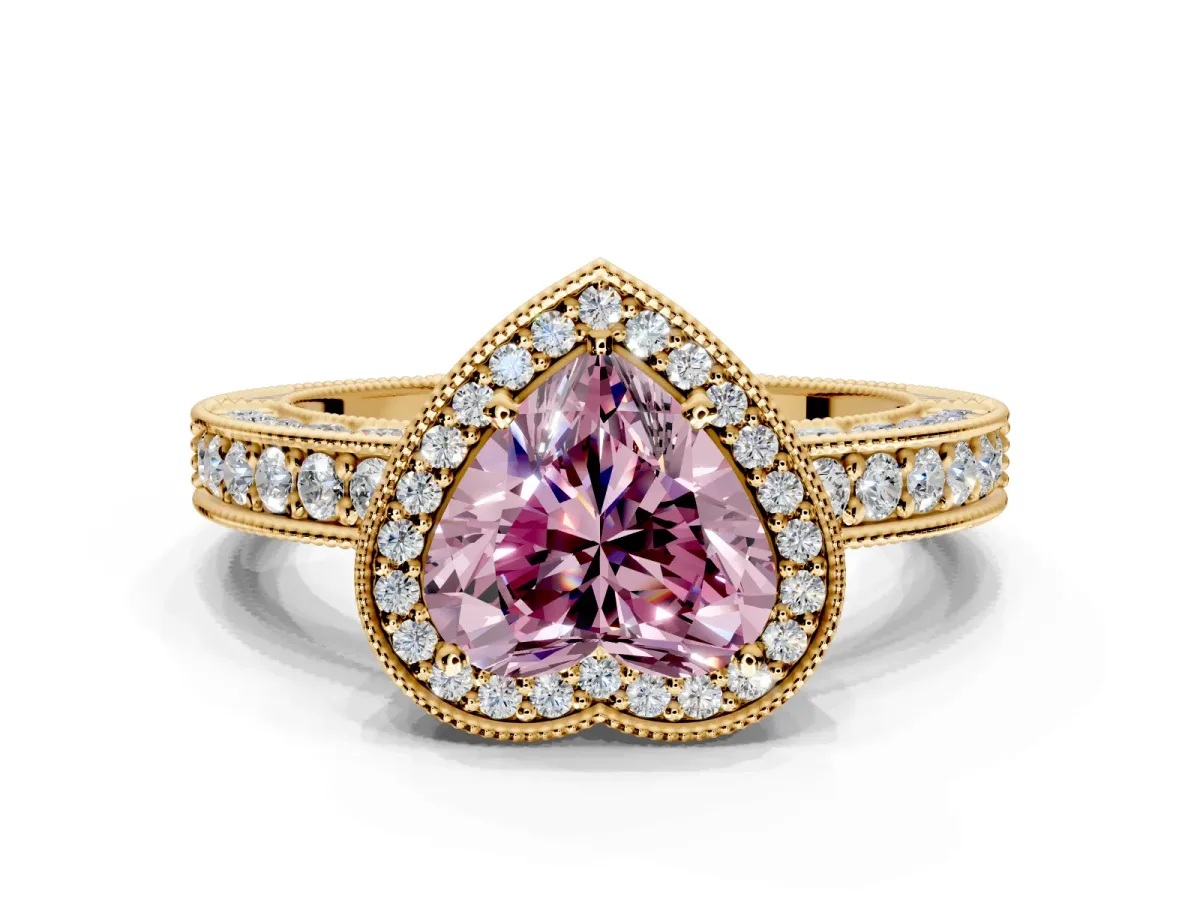 Milgrain Halo Engagement Ring Setting for Fancy Pink Heart-Shaped Center with Wide Pave Band and Prong Head in Yellow Gold