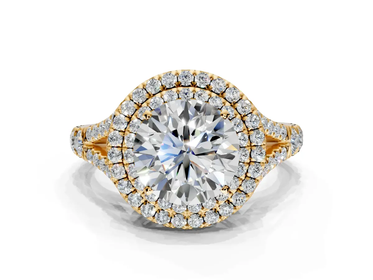 Double Halo Engagement Ring Setting for Round Cut Center with Narrow Pave Split Shank and Prong Head in Yellow Gold
