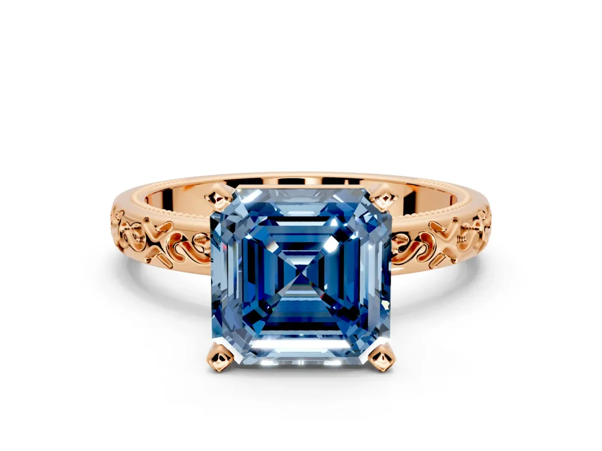 Solitaire Engagement Ring Setting for Fancy Blue Asscher Cut Center with Scrollwork Band and Prong Head in Rose Gold