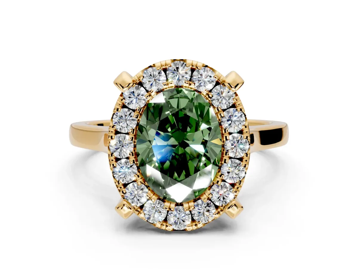 Single Halo Engagement Ring Setting for Fancy Green Oval Center with Corner Claws, Plain Band and Prong Head in Yellow Gold