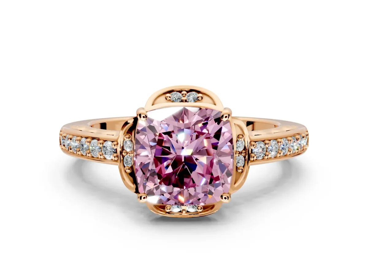 Floral Engagement Ring Setting for Fancy Pink Cushion Cut Center with Four Accent Clusters and Prong Head in Rose Gold