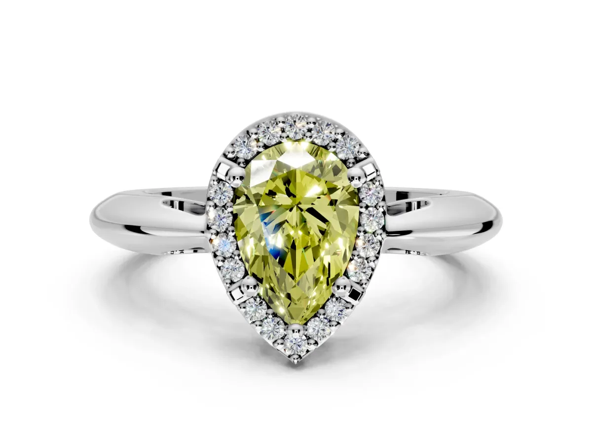 Halo Engagement Ring Setting for Fancy Yellow Pear-Shaped Center with Tapered Plain Band and Prong Head in Platinum