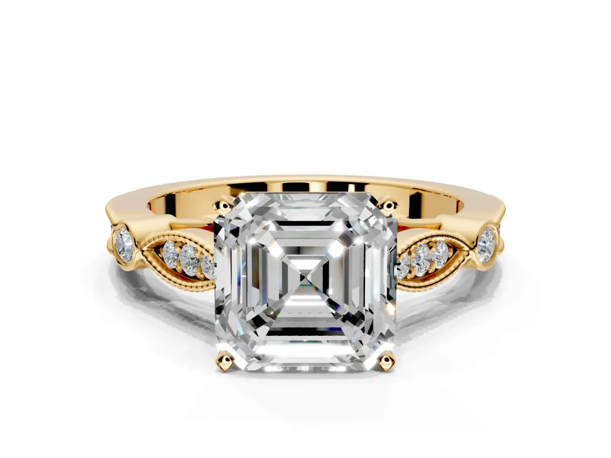 Solitaire Engagement Ring Setting for Asscher Cut Center with Marquise and Bezel Accents and Prong Head in Yellow Gold