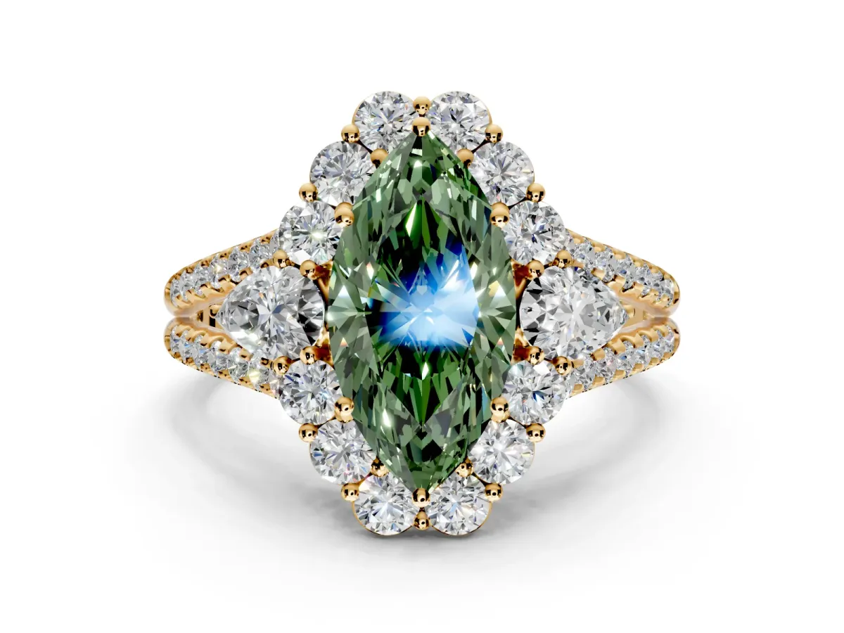 Halo Engagement Ring Setting for Fancy Green Marquise Center with Two-Strand Split Shank and Prong Head in Yellow Gold